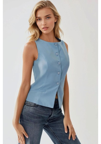 Kadın Düğme Detaylı Kolsuz Bisiklet Yaka Yelek Blue