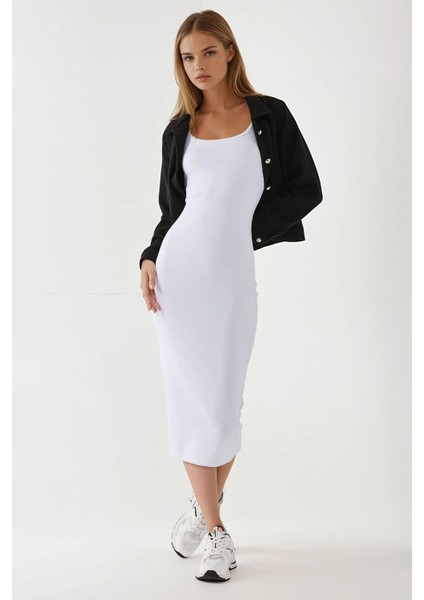 Kadın Askılı Bodycon Midi Örme Elbise White