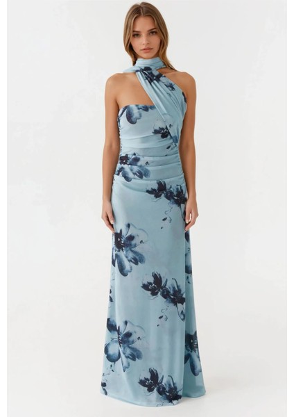 Kadın Straplez Desenli Bodycon Maxi Tül Elbise Blue