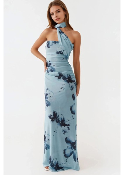 Kadın Straplez Desenli Bodycon Maxi Tül Elbise Blue