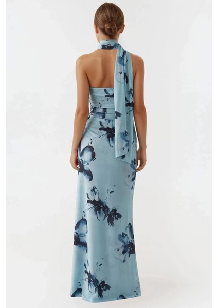 Kadın Straplez Desenli Bodycon Maxi Tül Elbise Blue
