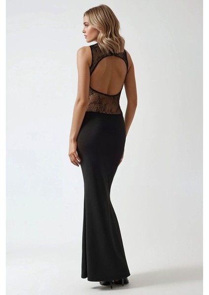 Kadın Dantel Detaylı, Yuvarlak Yaka Bodycon Şık Maxi Elbise Black