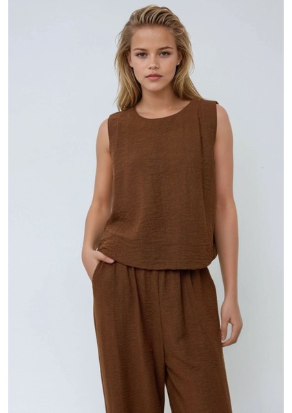 Kadın Keten Görünümlü Bluz & Beli Lastikli Pantolon İkili Takım Deve Kahvesi