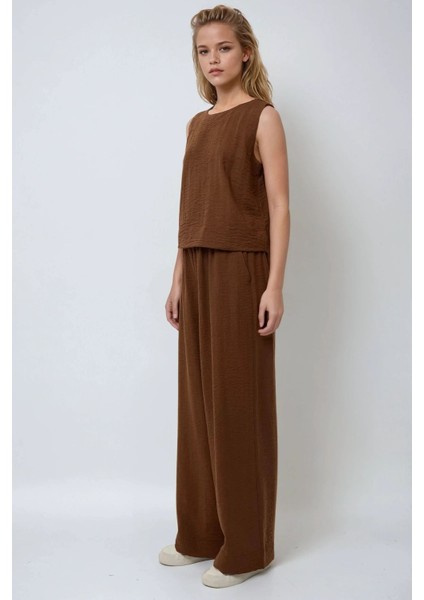 Kadın Keten Görünümlü Bluz & Beli Lastikli Pantolon İkili Takım Deve Kahvesi