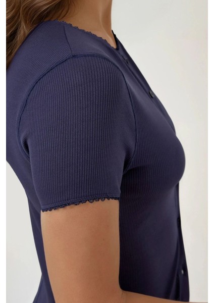 Kadın Düğme Detaylı Dokulu Dantel Şeritli Üst Koyu Mocha Kahve