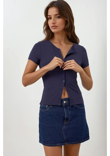 Kadın Düğme Detaylı Dokulu Dantel Şeritli Üst Koyu Mocha Kahve