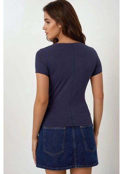 Kadın Düğme Detaylı Dokulu Dantel Şeritli Üst Koyu Mocha Kahve