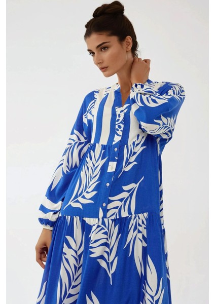 Kadın Baskılı Uzun Kol Viskon Modest Elbise Fas Mavisi