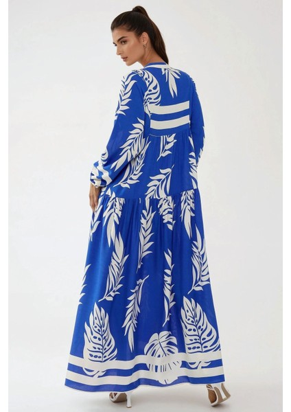 Kadın Baskılı Uzun Kol Viskon Modest Elbise Fas Mavisi