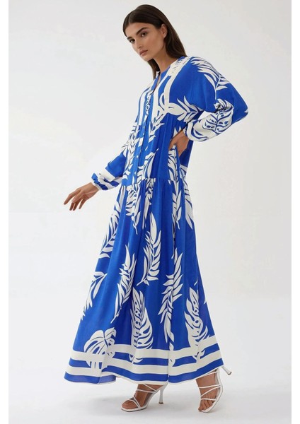 Kadın Baskılı Uzun Kol Viskon Modest Elbise Fas Mavisi