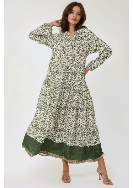 Kadın Gömlek Yaka Desenli Modest Elbise Yeşil