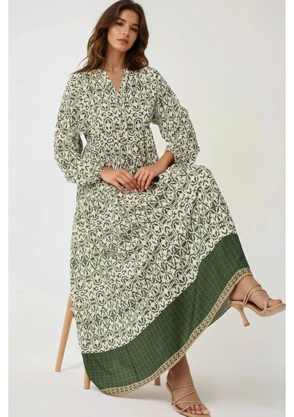 Kadın Gömlek Yaka Desenli Modest Elbise Yeşil
