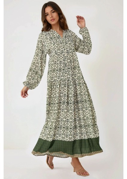 Kadın Gömlek Yaka Desenli Modest Elbise Yeşil