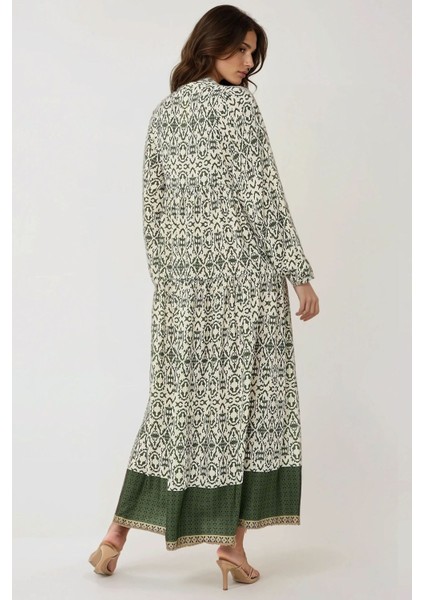 Kadın Gömlek Yaka Desenli Modest Elbise Yeşil