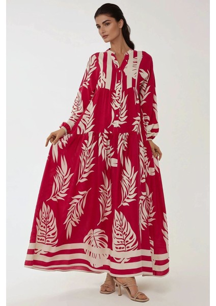 Kadın Baskılı Uzun Kol Viskon Modest Elbise Red