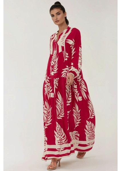 Kadın Baskılı Uzun Kol Viskon Modest Elbise Red