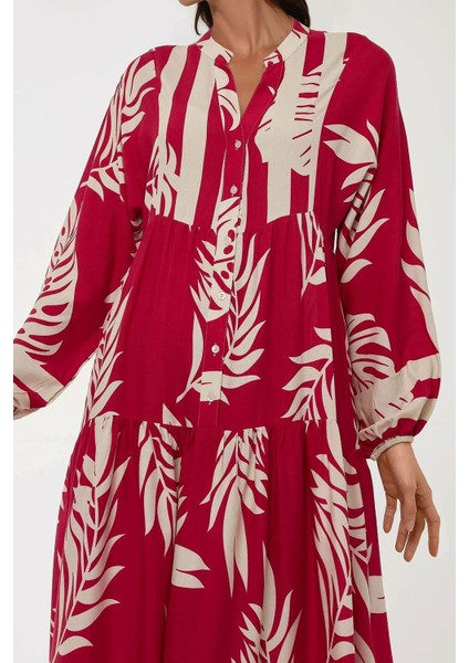 Kadın Baskılı Uzun Kol Viskon Modest Elbise Red