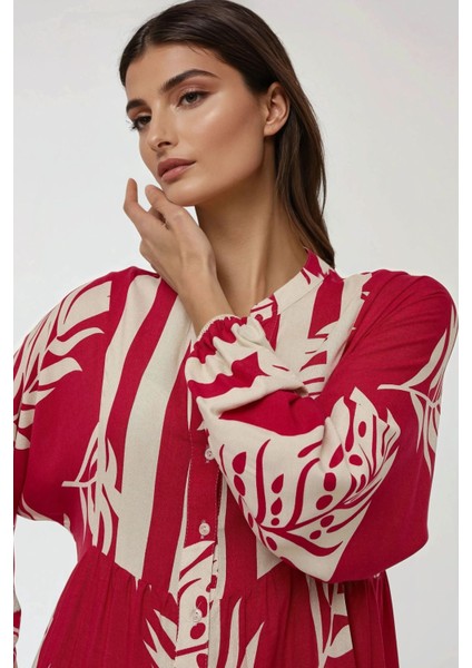 Kadın Baskılı Uzun Kol Viskon Modest Elbise Red