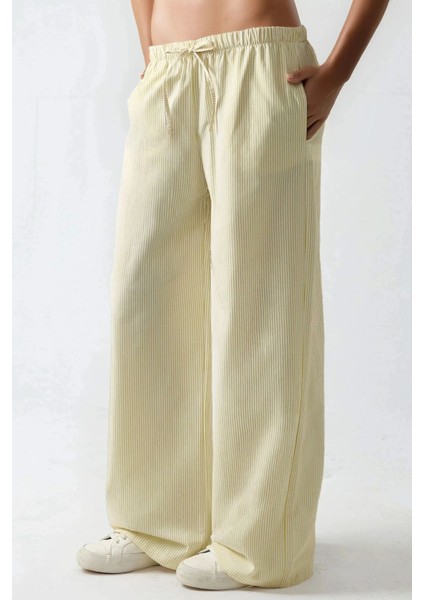 Kadın Beli Lastikli Çizgili Pamuklu Pijama Altı Yellow