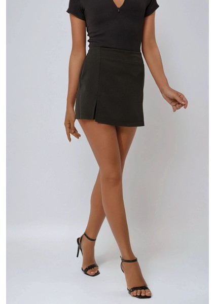 Kadın Çift Yırtmaçlı Yüksek Bel Mini Şort Etek Black