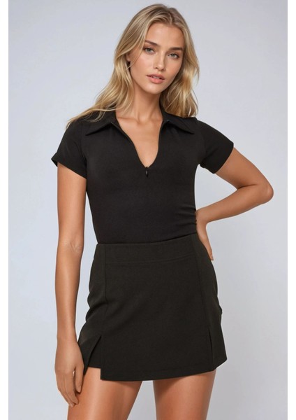 Kadın Çift Yırtmaçlı Yüksek Bel Mini Şort Etek Black