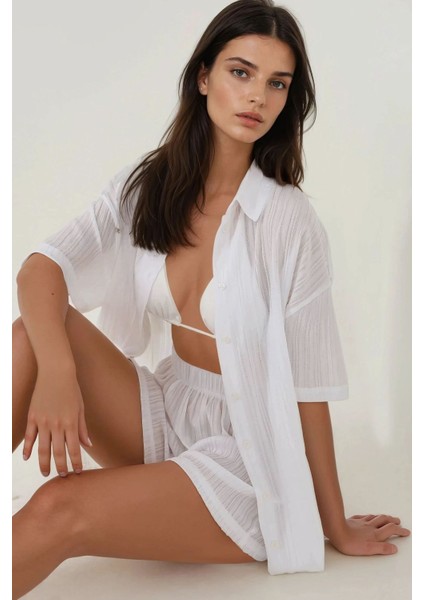 Kadın Çizgili Gömlek Yaka İki Parça Takım Beyaz