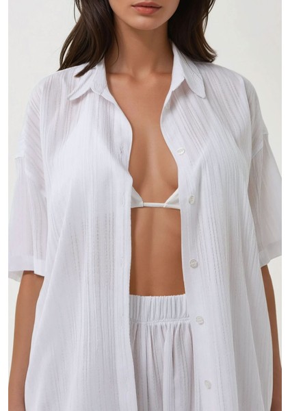 Kadın Çizgili Gömlek Yaka İki Parça Takım Beyaz