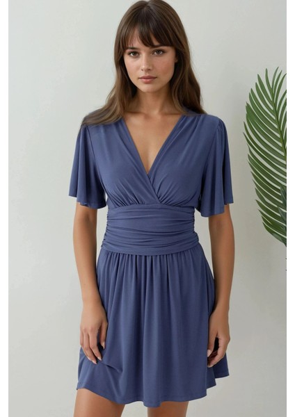 Kadın V Yaka Kısa Kol Büzgülü Mini Elbise Oxford Mavisi