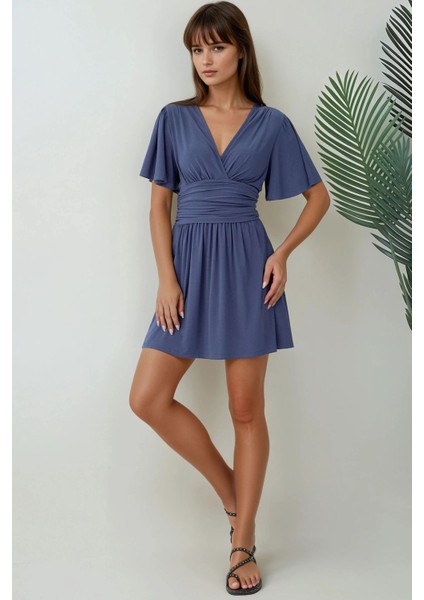 Kadın V Yaka Kısa Kol Büzgülü Mini Elbise Oxford Mavisi