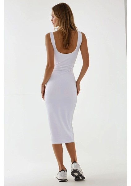 Kadın Askılı Bodycon Midi Örme Elbise White