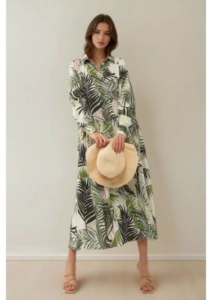 Kadın Gömlek Yaka Çiçek Desenli Maxi Elbise Green