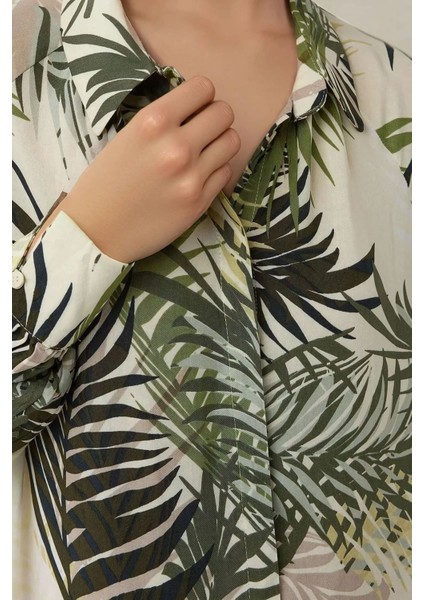 Kadın Gömlek Yaka Çiçek Desenli Maxi Elbise Green