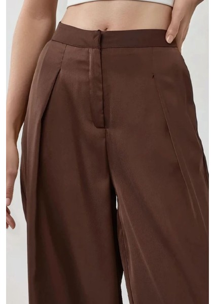 Kadın Yüksek Bel Geniş Paça Saten Palazzo Pantolon Brown