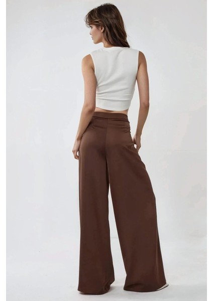 Kadın Yüksek Bel Geniş Paça Saten Palazzo Pantolon Brown