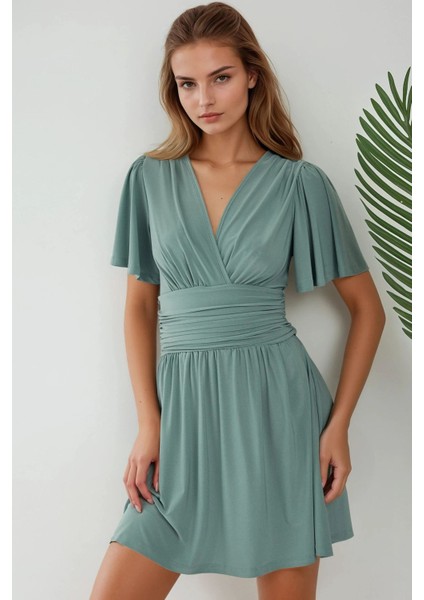 Kadın V Yaka Kısa Kol Büzgülü Mini Elbise Adaçayı Yeşili