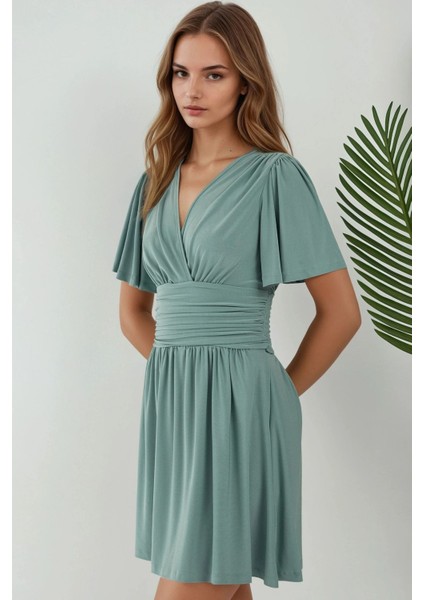Kadın V Yaka Kısa Kol Büzgülü Mini Elbise Adaçayı Yeşili