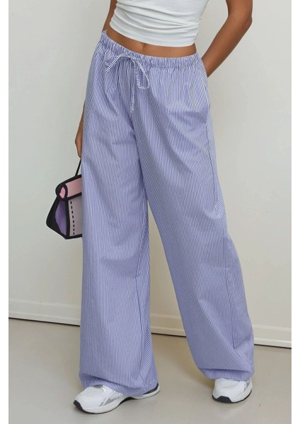 Kadın Beli Lastikli Çizgili Pamuklu Pijama Altı Bebek Mavisi
