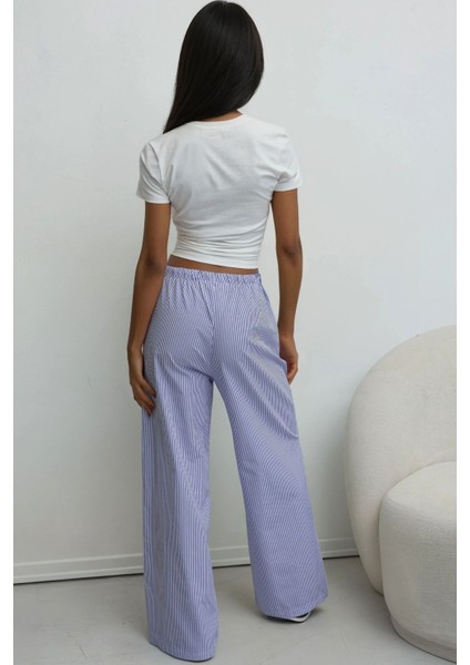 Kadın Beli Lastikli Çizgili Pamuklu Pijama Altı Bebek Mavisi