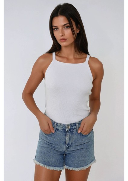 Kadın Halter Yaka Fitilli Basic Üst White
