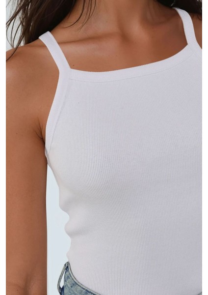 Kadın Halter Yaka Fitilli Basic Üst White