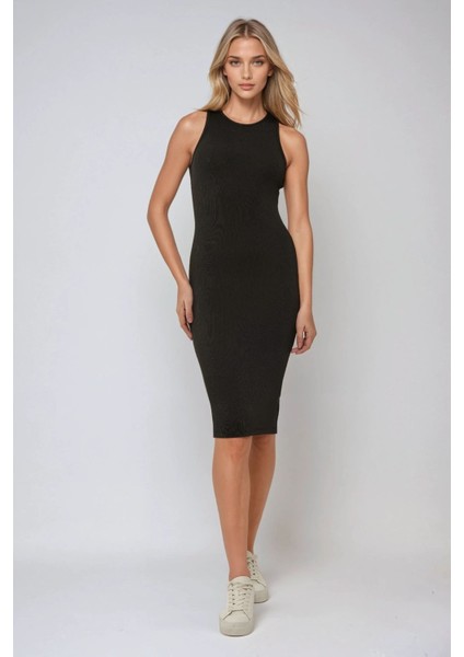 Kadın Halter Yaka Fitilli Mini Bodycon Örme Elbise Black