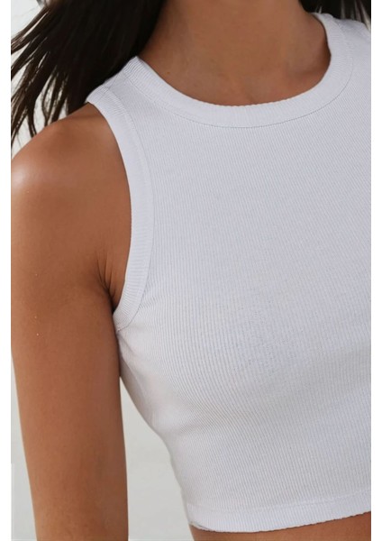 Kadın Halter Yaka Fitilli Kısa Örme Askılı Üst White