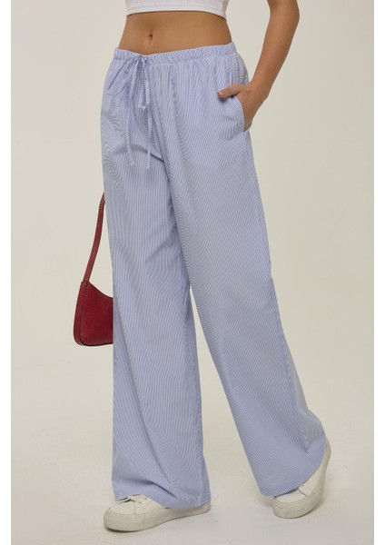 Kadın Beli Lastikli Çizgili Pamuklu Pijama Altı Blue
