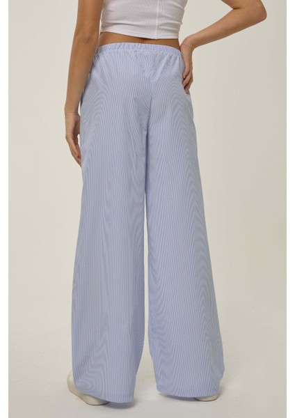 Kadın Beli Lastikli Çizgili Pamuklu Pijama Altı Blue