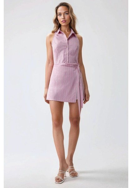Kadın Gömlek Yaka Uzun Kısa Çizgili Elbise Pembe