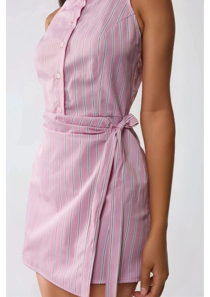 Kadın Gömlek Yaka Uzun Kısa Çizgili Elbise Pembe