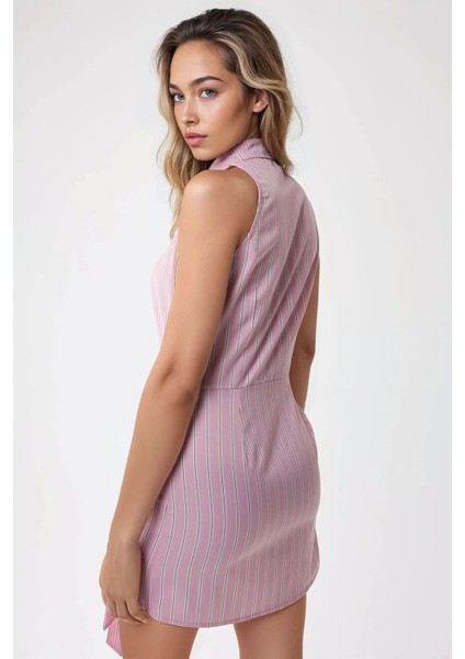 Kadın Gömlek Yaka Uzun Kısa Çizgili Elbise Pembe