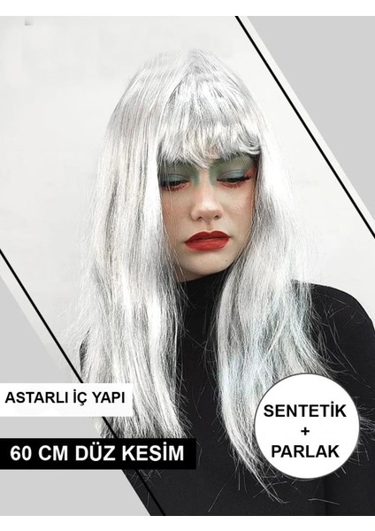 Nessiworld Platin Gri Gümüş Renk Uzun Parti Peruğu Uzun Takma Peruk