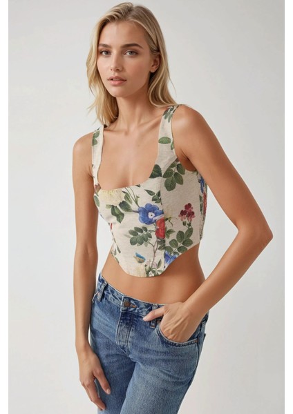Kadın Kare Yaka Çiçek Desenli Gipeli Crop Top Çok Renkli