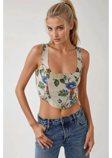 Kadın Kare Yaka Çiçek Desenli Gipeli Crop Top Çok Renkli